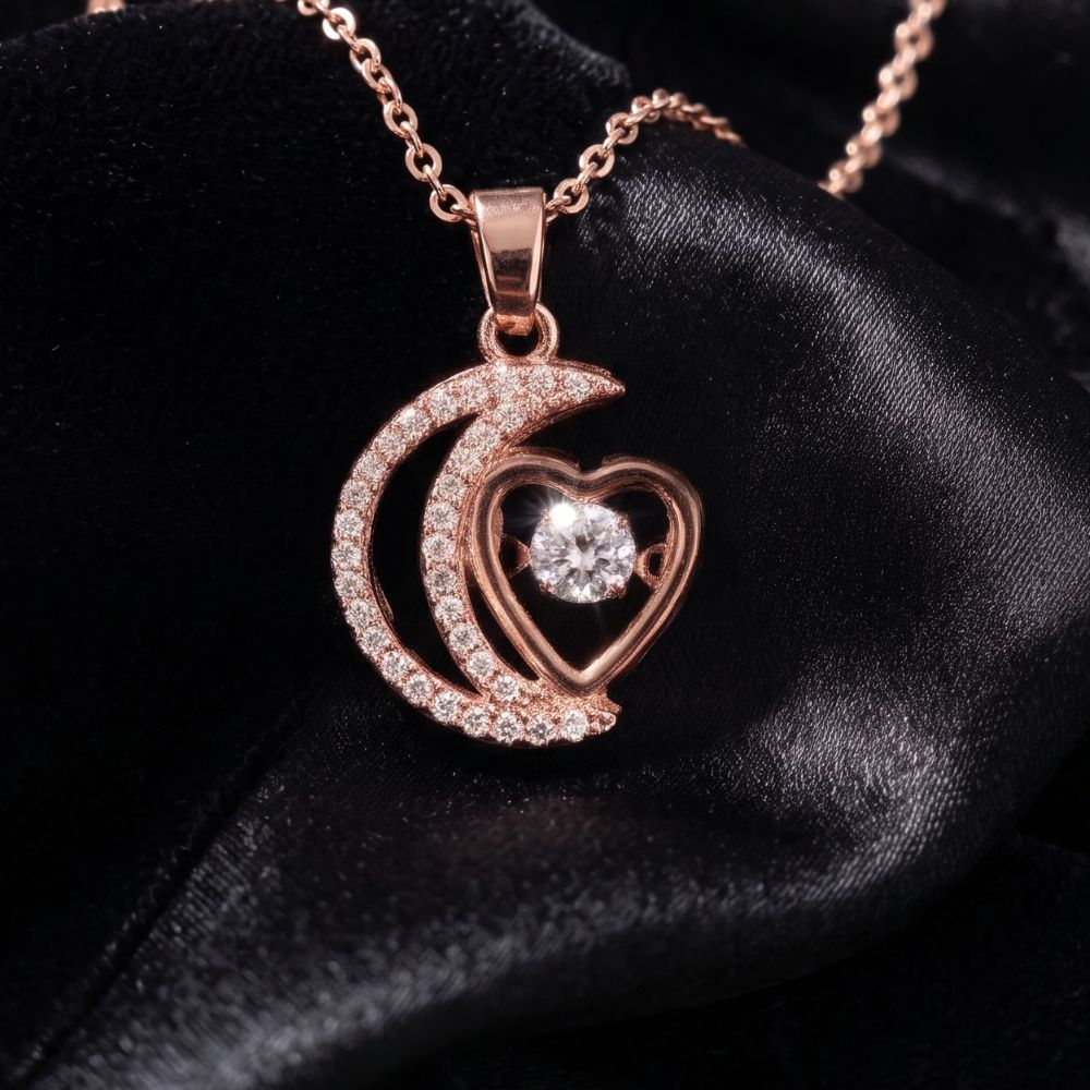Rose Gold Moon & Heart Pendant Necklace